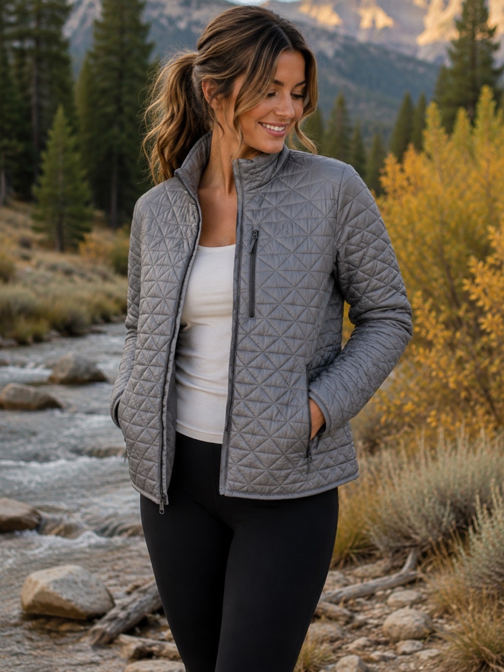 Bass Outdoor Gray Lightweight Quilted Full Zip Puffer Jacket Hiking Large